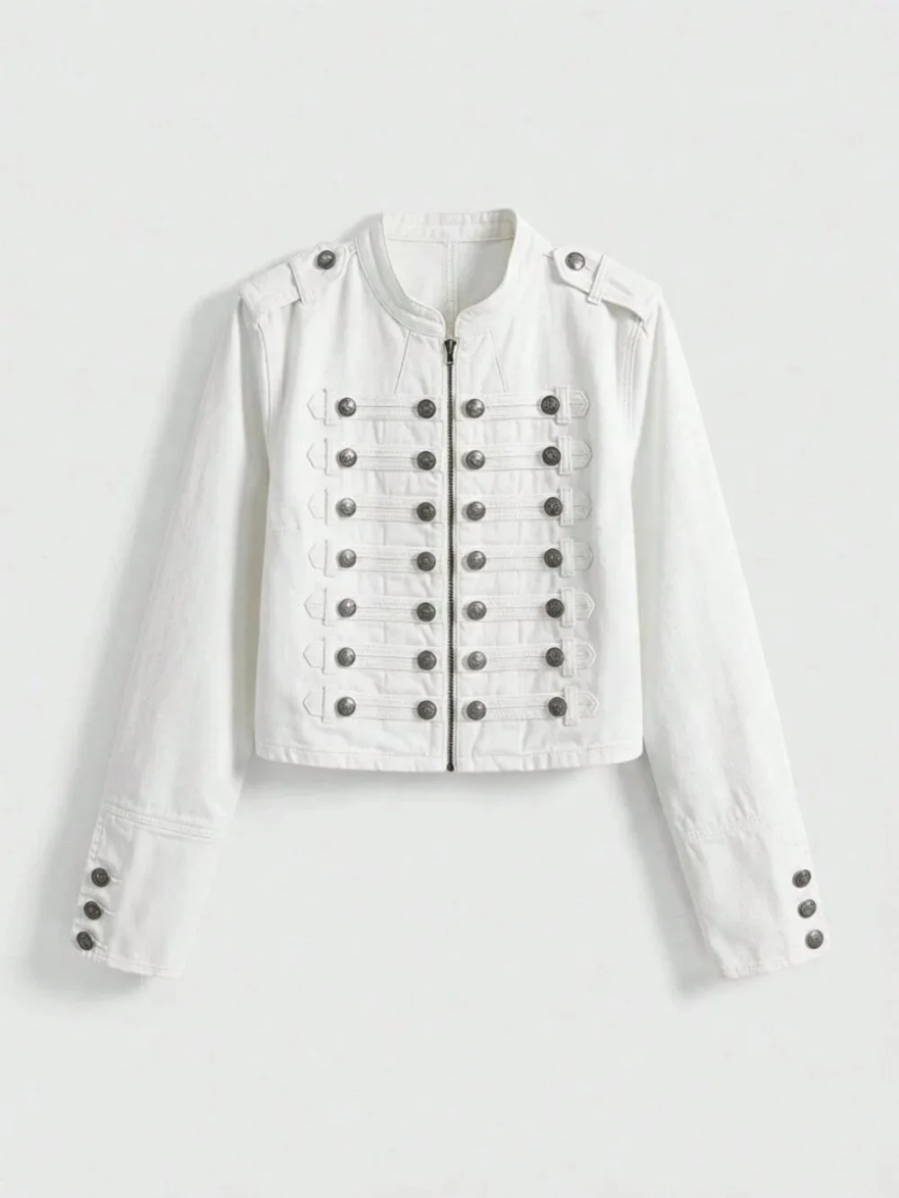 White Denim Military Jacket with Button Epaulette Trim